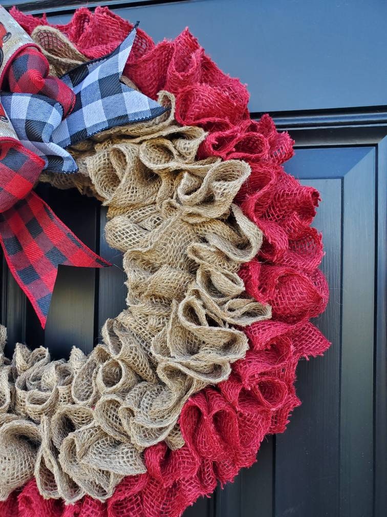 Christmas burlap wreath for front door, Red truck Christmas wreath, merry christmas wreath, ruffle wreath, Holiday wreaths, buffalo check