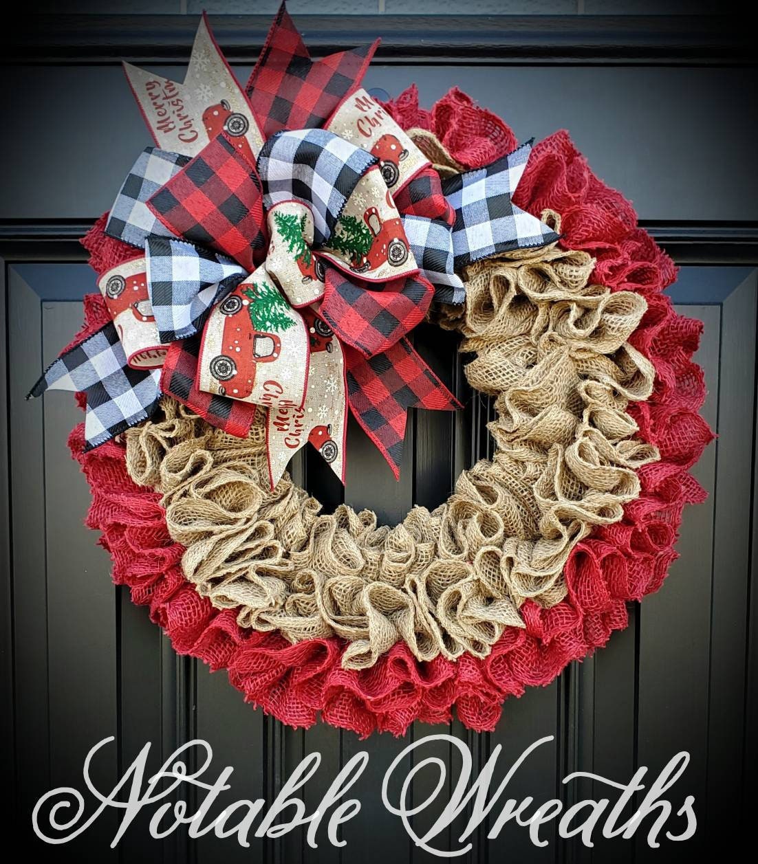 Christmas burlap wreath for front door, Red truck Christmas wreath, merry christmas wreath, ruffle wreath, Holiday wreaths, buffalo check