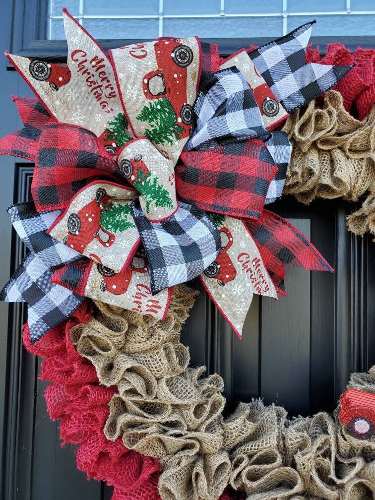 Christmas burlap wreath for front door, Red truck Christmas wreath, merry christmas wreath, ruffle wreath, Holiday wreaths, buffalo check