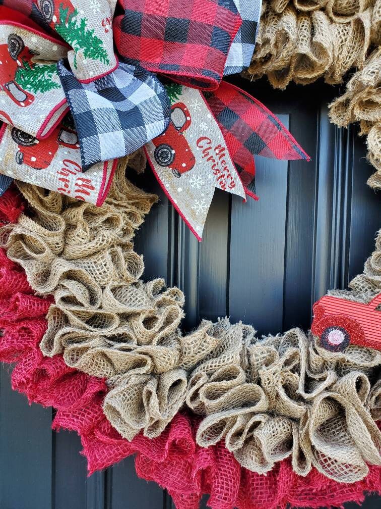 Christmas burlap wreath for front door, Red truck Christmas wreath, merry christmas wreath, ruffle wreath, Holiday wreaths, buffalo check