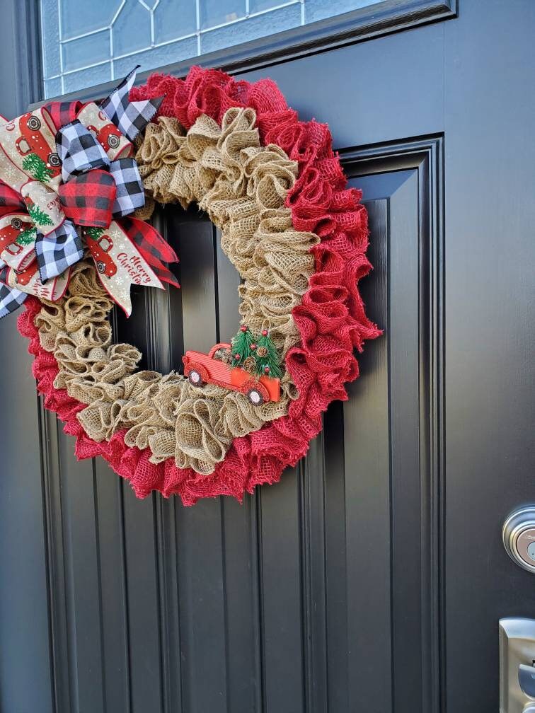 Christmas burlap wreath for front door, Red truck Christmas wreath, merry christmas wreath, ruffle wreath, Holiday wreaths, buffalo check