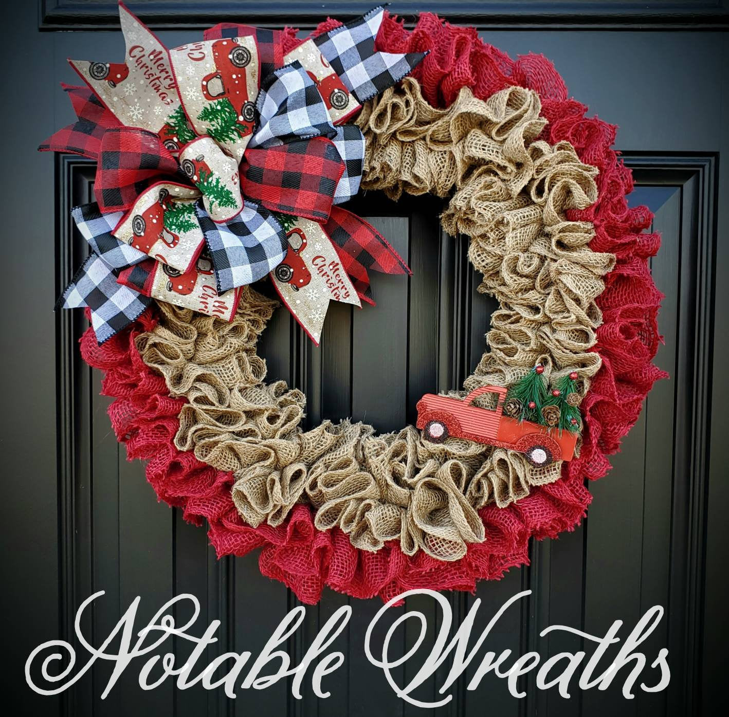 Christmas burlap wreath for front door, Red truck Christmas wreath, merry christmas wreath, ruffle wreath, Holiday wreaths, buffalo check