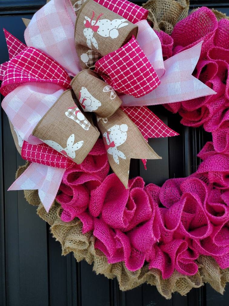 Easter burlap wreath for front door, bunny wreath, pink easter wreath, ruffle burlap wreath for Easter, spring burlap wreath