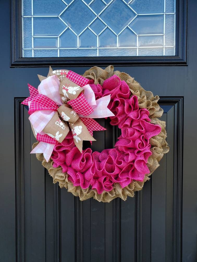 Easter burlap wreath for front door, bunny wreath, pink easter wreath, ruffle burlap wreath for Easter, spring burlap wreath