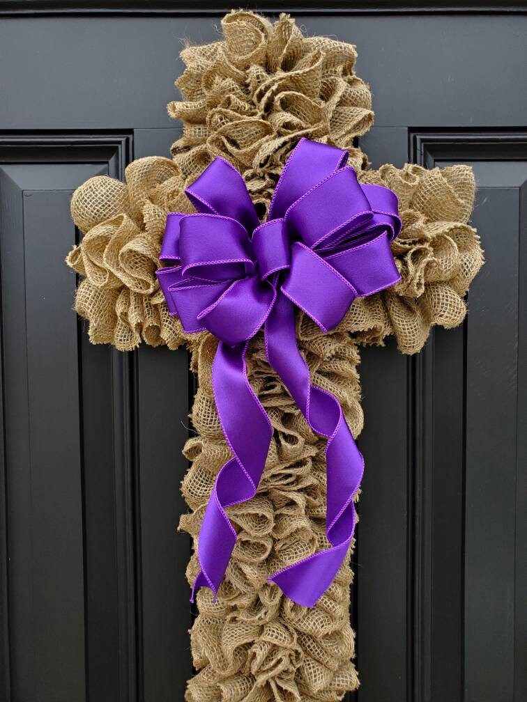 Burlap Cross wreath for Easter,  religious Easter wreath, Cross wreath with purple ribbon, burlap Easter wreath