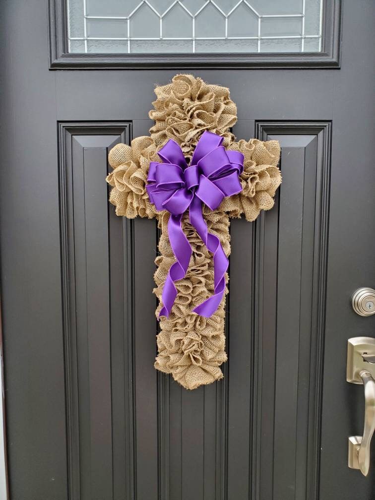 Burlap Cross wreath for Easter,  religious Easter wreath, Cross wreath with purple ribbon, burlap Easter wreath