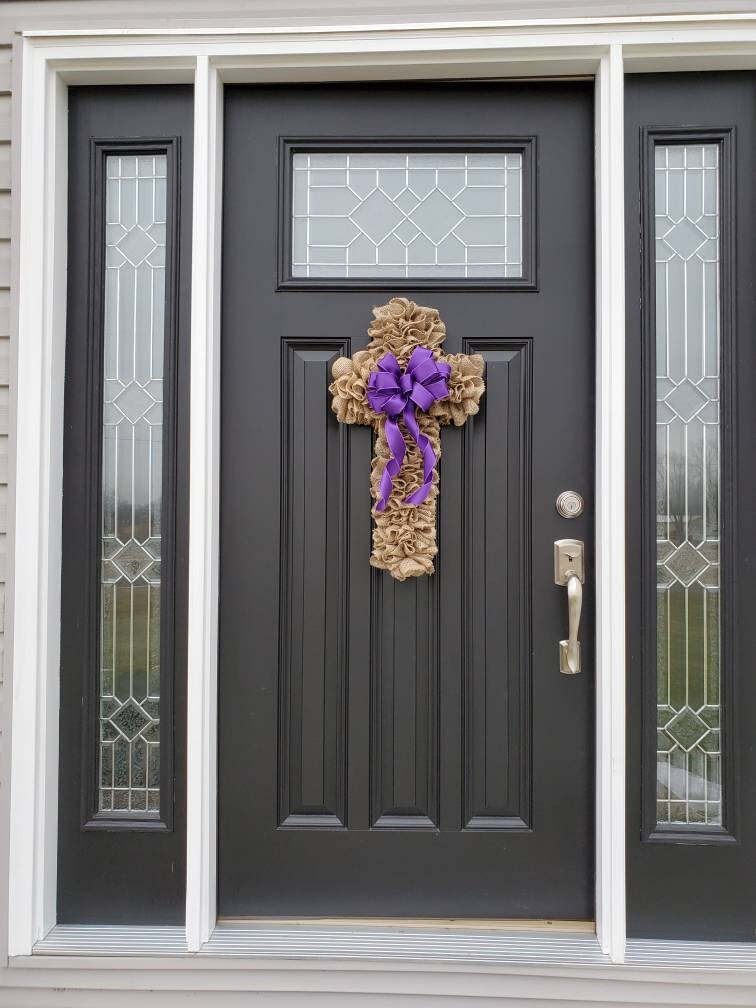 Burlap Cross wreath for Easter,  religious Easter wreath, Cross wreath with purple ribbon, burlap Easter wreath