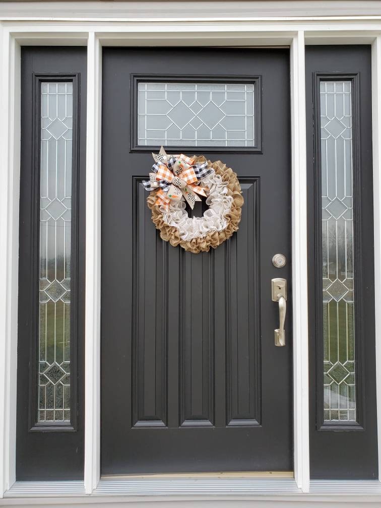 Easter burlap wreath for front door, bunny wreath, buffalo check easter wreath, white ruffle burlap wreath for Easter