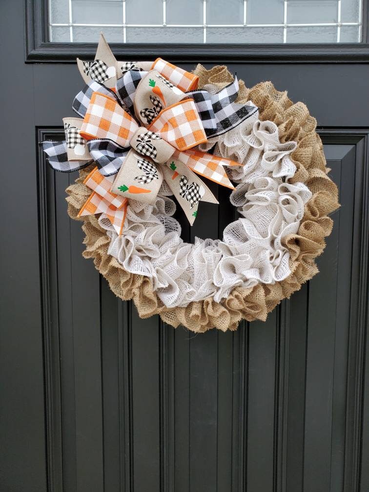 Easter burlap wreath for front door, bunny wreath, buffalo check easter wreath, white ruffle burlap wreath for Easter