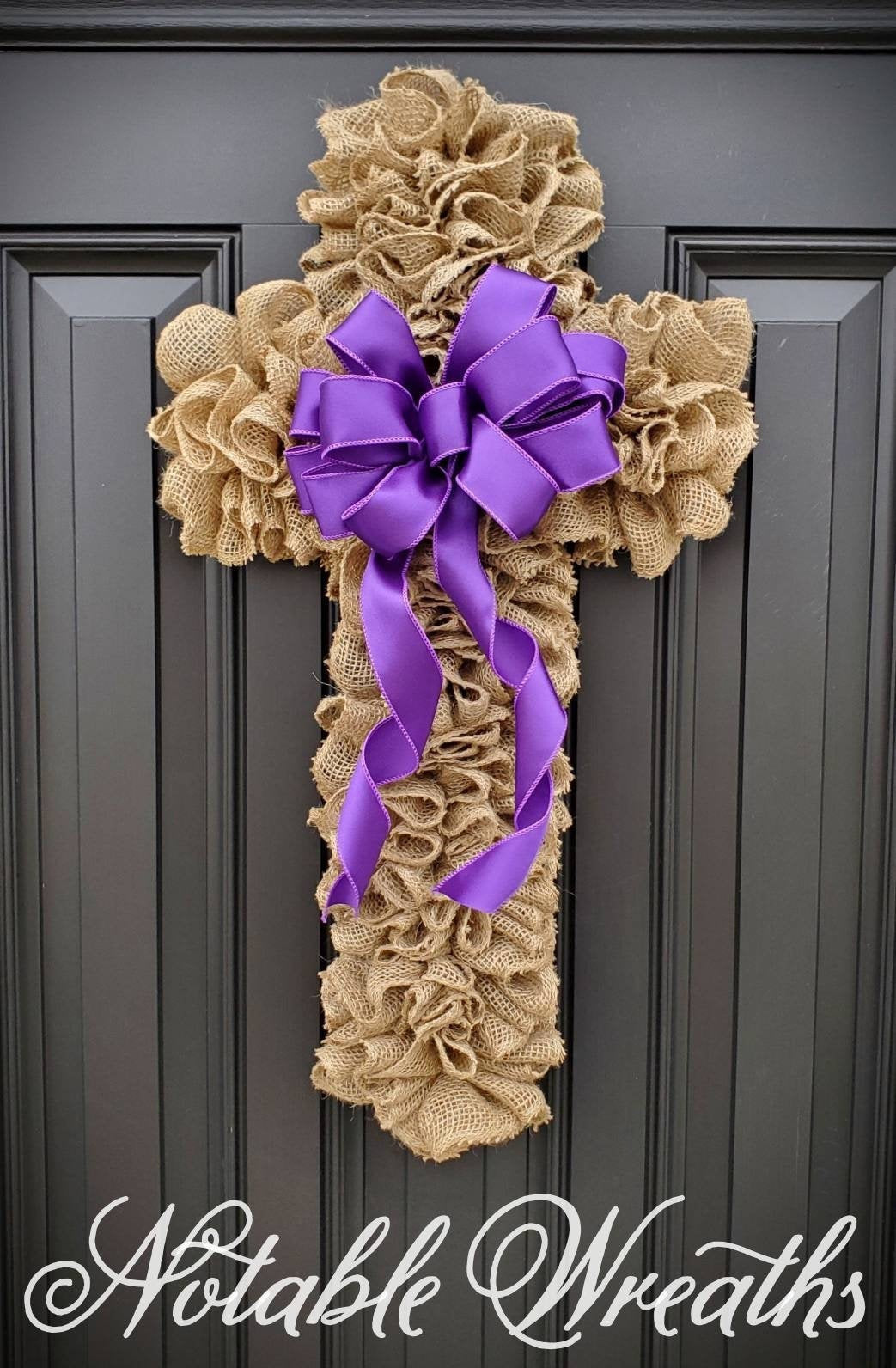 Burlap Cross wreath for Easter,  religious Easter wreath, Cross wreath with purple ribbon, burlap Easter wreath