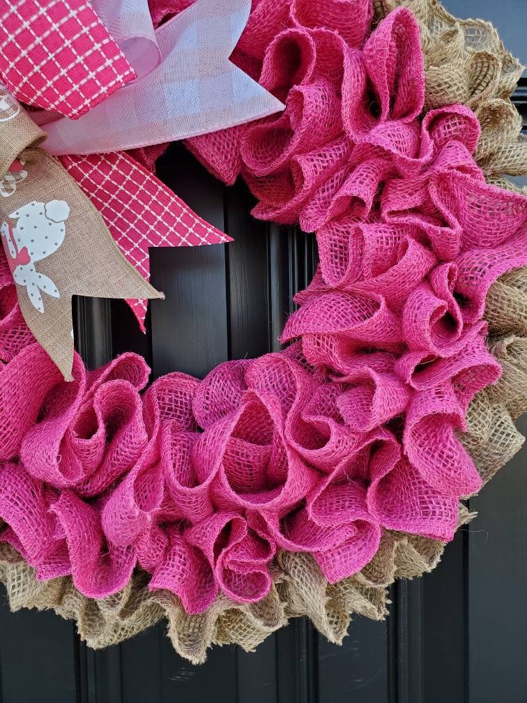 Easter burlap wreath for front door, bunny wreath, pink easter wreath, ruffle burlap wreath for Easter, spring burlap wreath