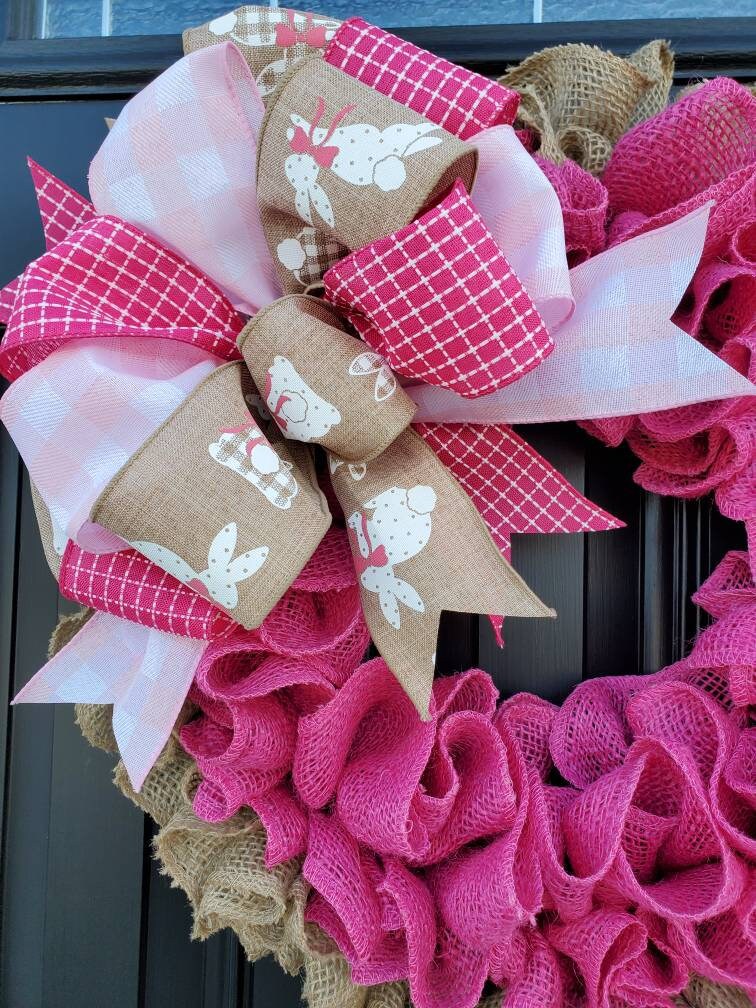 Easter burlap wreath for front door, bunny wreath, pink easter wreath, ruffle burlap wreath for Easter, spring burlap wreath