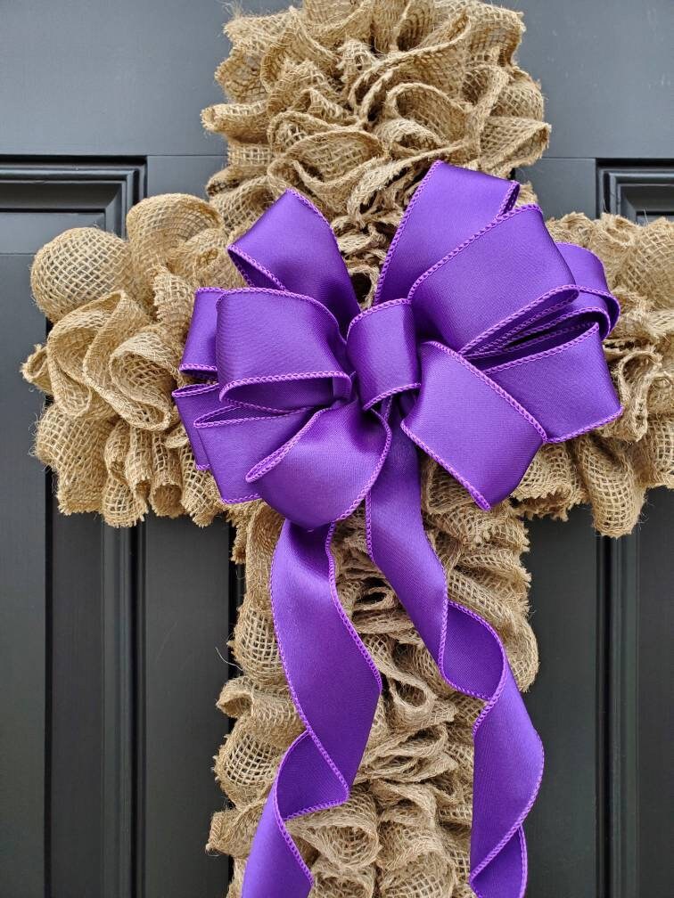 Burlap Cross wreath for Easter,  religious Easter wreath, Cross wreath with purple ribbon, burlap Easter wreath