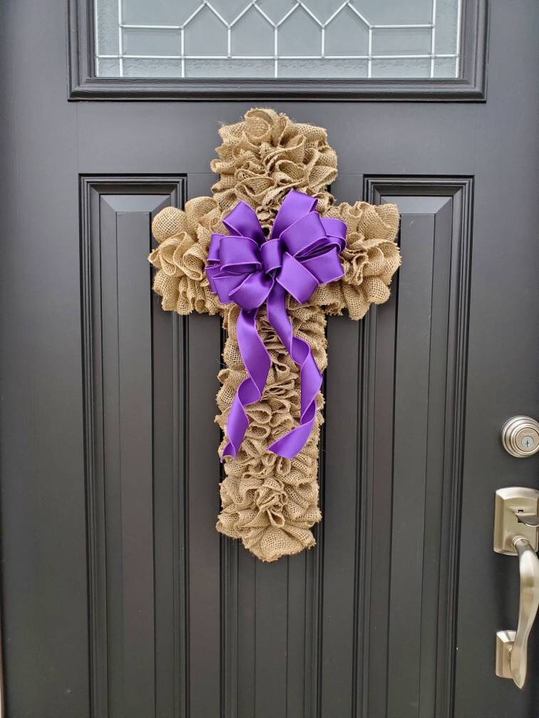 Burlap Cross wreath for Easter,  religious Easter wreath, Cross wreath with purple ribbon, burlap Easter wreath