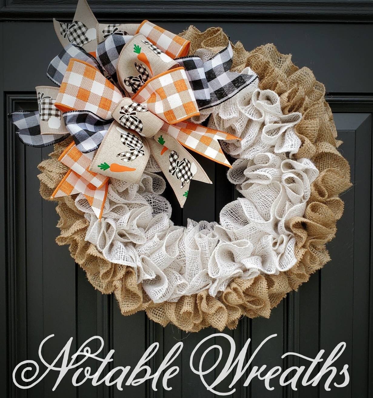 Easter burlap wreath for front door, bunny wreath, buffalo check easter wreath, white ruffle burlap wreath for Easter