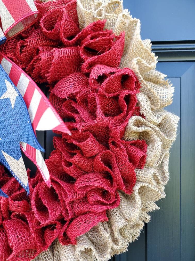 Patriotic burlap wreath for front door, Americana wreath, memorial day, fourth of july wreath, rustic independence day wreath,