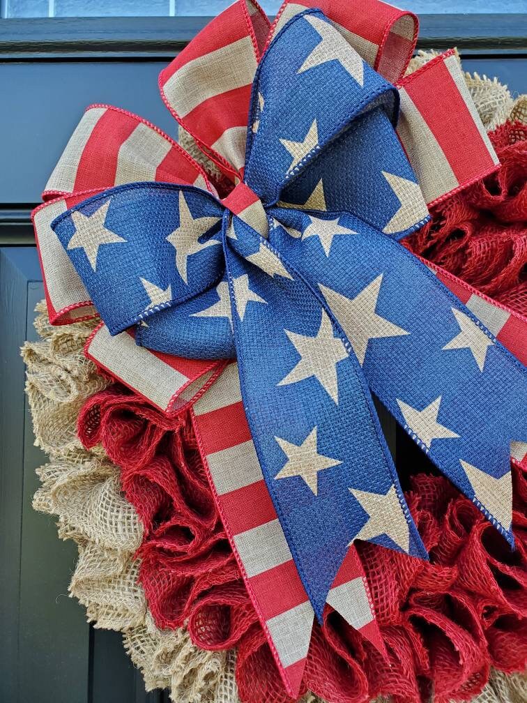 Patriotic burlap wreath for front door, Americana wreath, memorial day, fourth of july wreath, rustic independence day wreath,