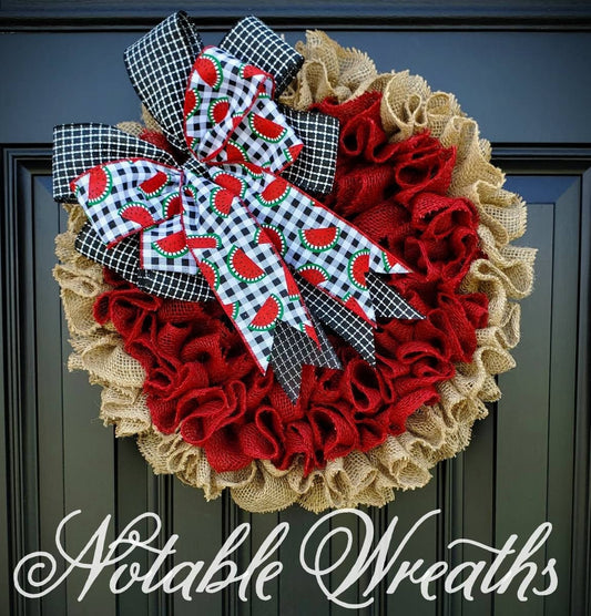 Summer watermelon burlap wreath for front door, red burlap wreath, Watermelon decor