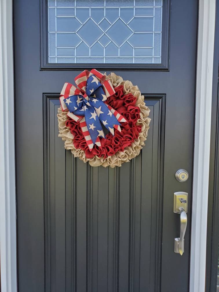 Patriotic burlap wreath for front door, Americana wreath, memorial day, fourth of july wreath, rustic independence day wreath,