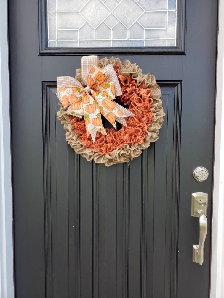 Fall decorations, Fall burlap wreath for front door, autumn wreath, gingham wreath for fall, pumpkin wreath for fall