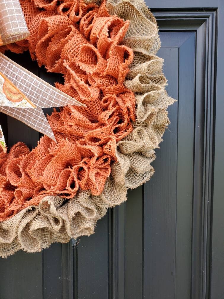 Fall decorations, Fall burlap wreath for front door, autumn wreath, gingham wreath for fall, pumpkin wreath for fall