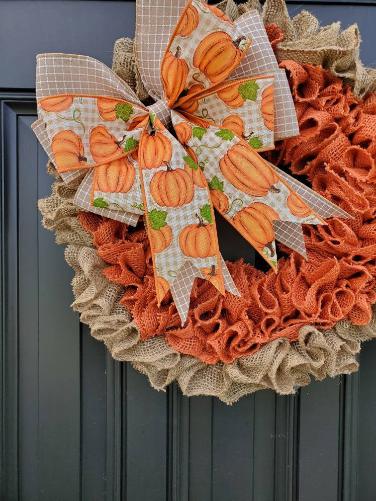 Fall decorations, Fall burlap wreath for front door, autumn wreath, gingham wreath for fall, pumpkin wreath for fall