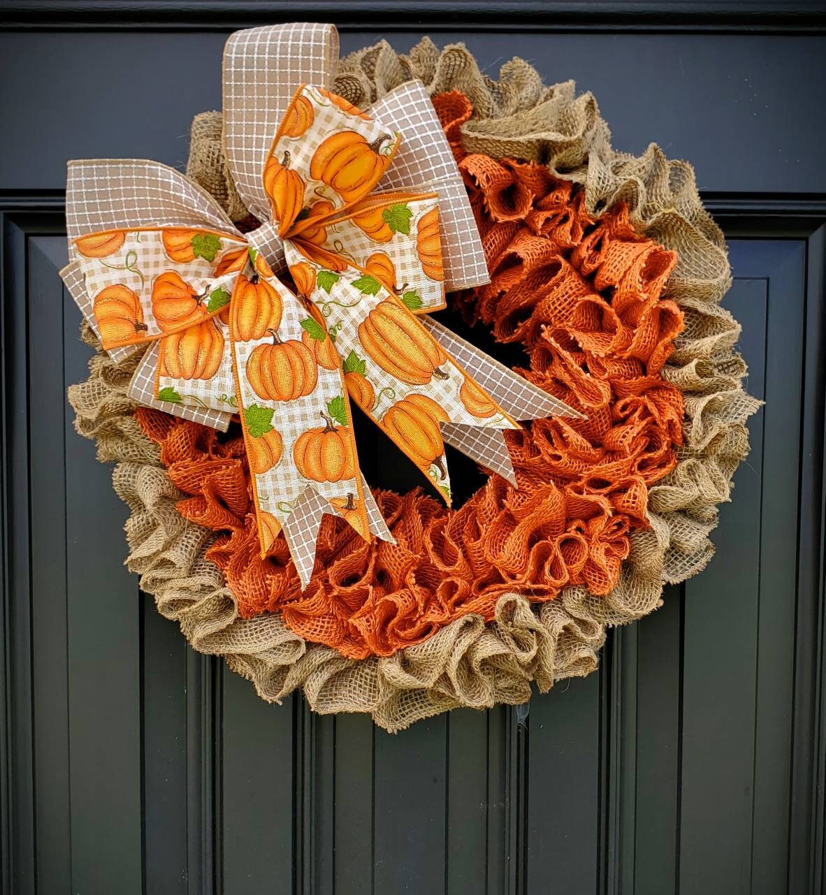 Fall decorations, Fall burlap wreath for front door, autumn wreath, gingham wreath for fall, pumpkin wreath for fall