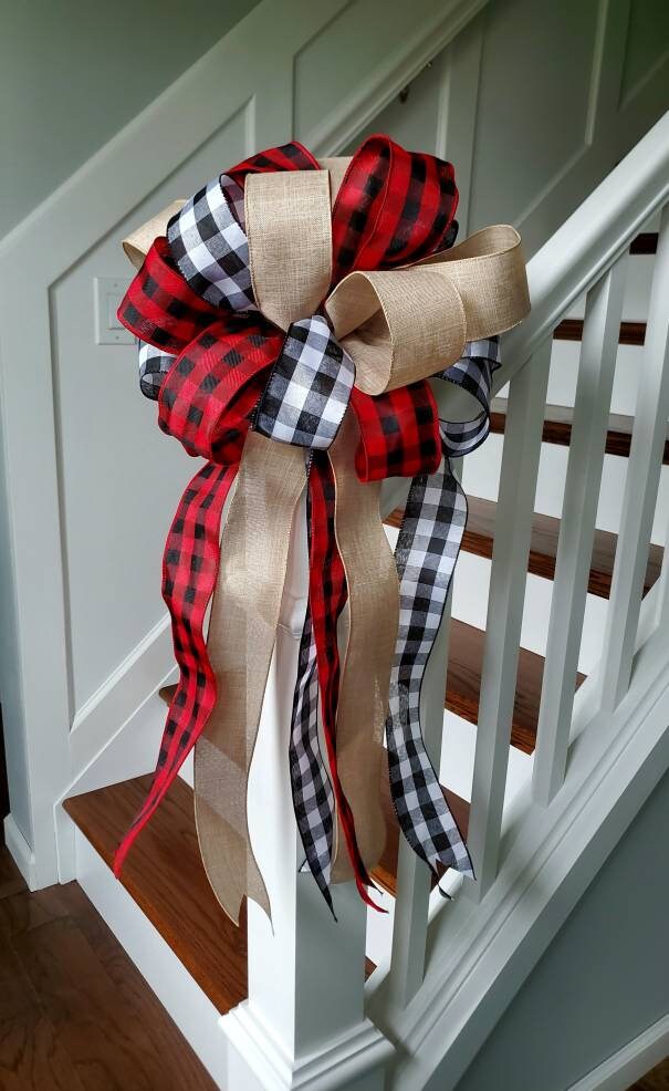 Large Rustic Christmas tree topper bow, plaid tree topper bow, farmhouse decor, red and black buffalo check tree topper, Christmas tree