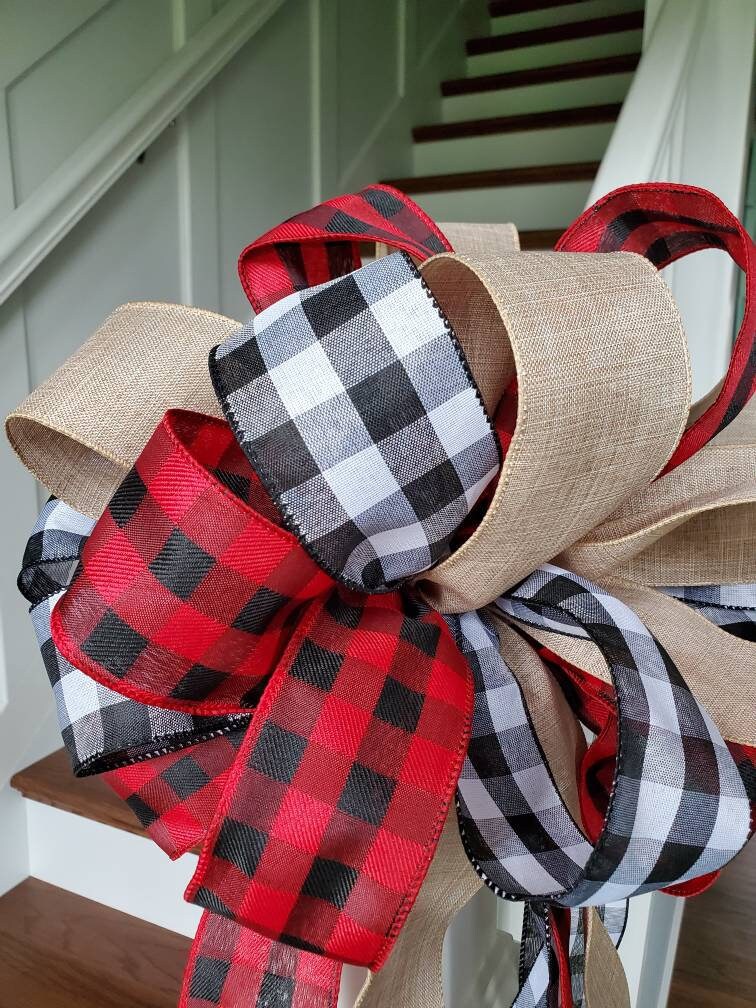 Large Rustic Christmas tree topper bow, plaid tree topper bow, farmhouse decor, red and black buffalo check tree topper, Christmas tree