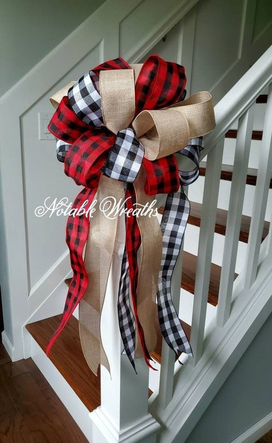 Large Rustic Christmas tree topper bow, plaid tree topper bow, farmhouse decor, red and black buffalo check tree topper, Christmas tree