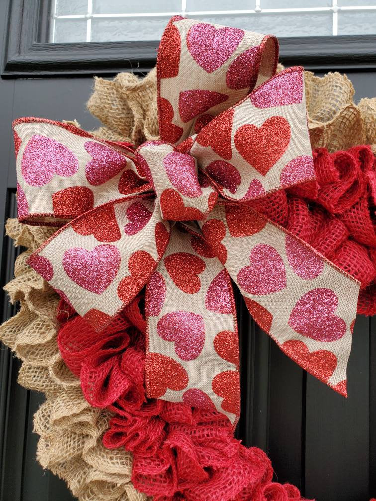 Large Valentine's day burlap heart wreath for front door, rustic valentine's day wreath, red heart wreath