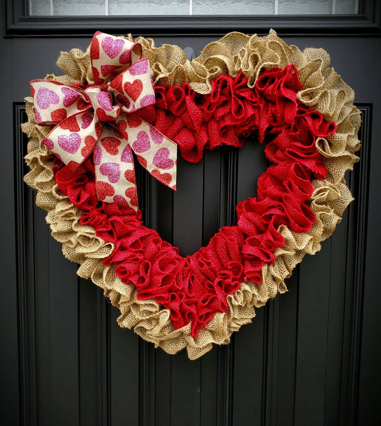 Large Valentine's day burlap heart wreath for front door, rustic valentine's day wreath, red heart wreath