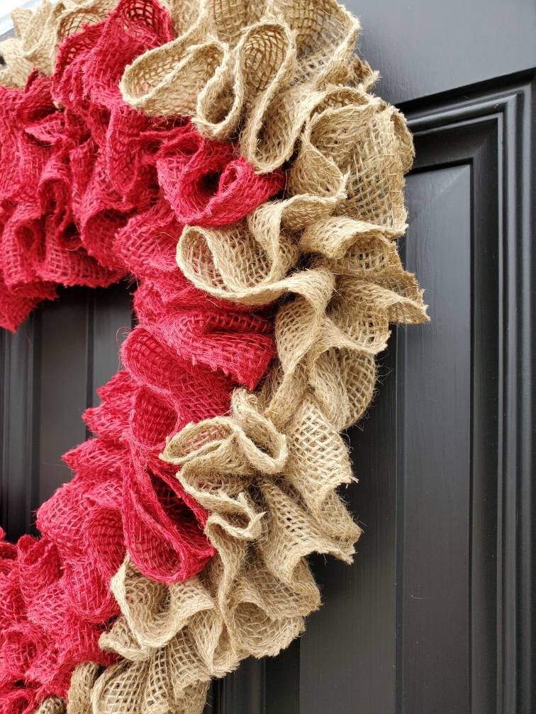 Large Valentine's day burlap heart wreath for front door, rustic valentine's day wreath, red heart wreath