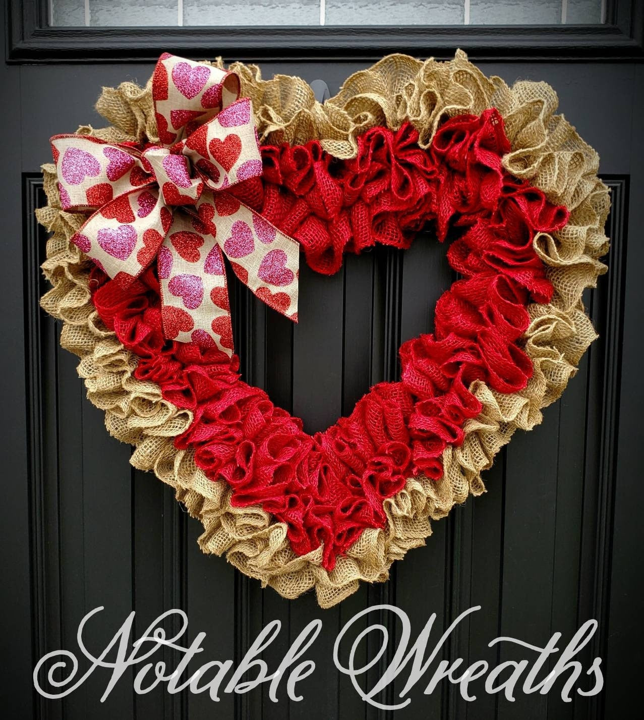 Large Valentine's day burlap heart wreath for front door, rustic valentine's day wreath, red heart wreath