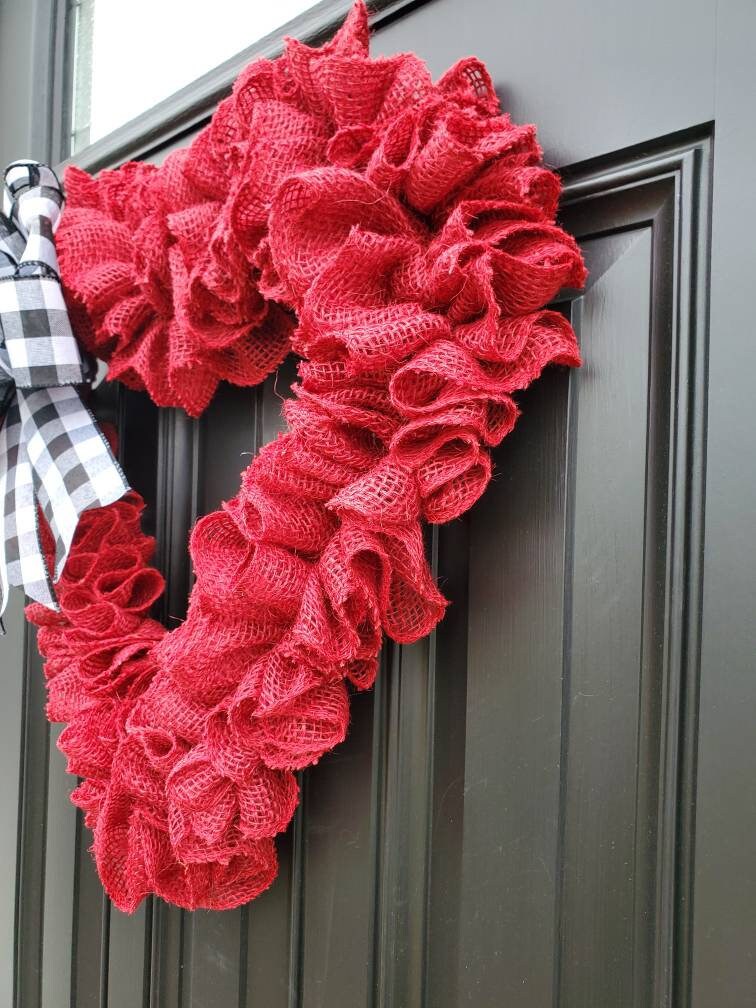 Red heart wreath for Valentine's day wreath for front door, ruffle burlap wreath, heart wreath, crimson red burlap wreath, ruffle wreath