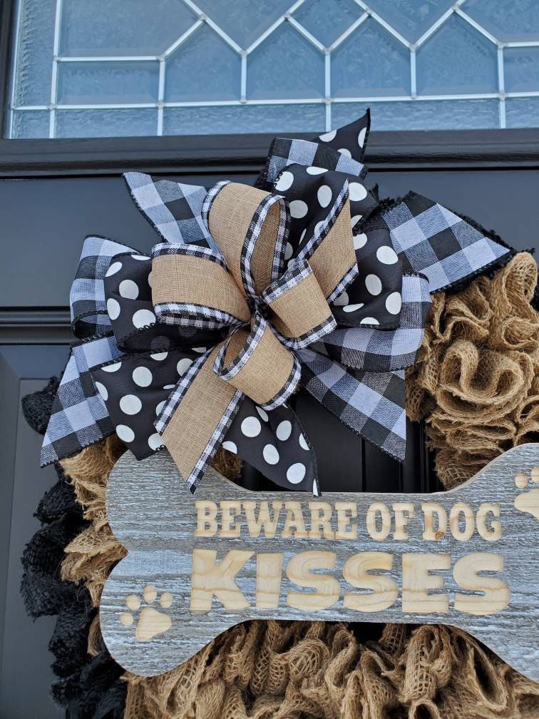 Beware of dog kisses wreath, year round wreath for front door, gifts for dog lovers, housewarming gifts, dog wreath