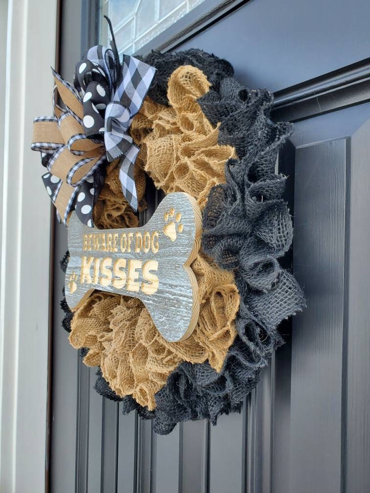 Beware of dog kisses wreath, year round wreath for front door, gifts for dog lovers, housewarming gifts, dog wreath