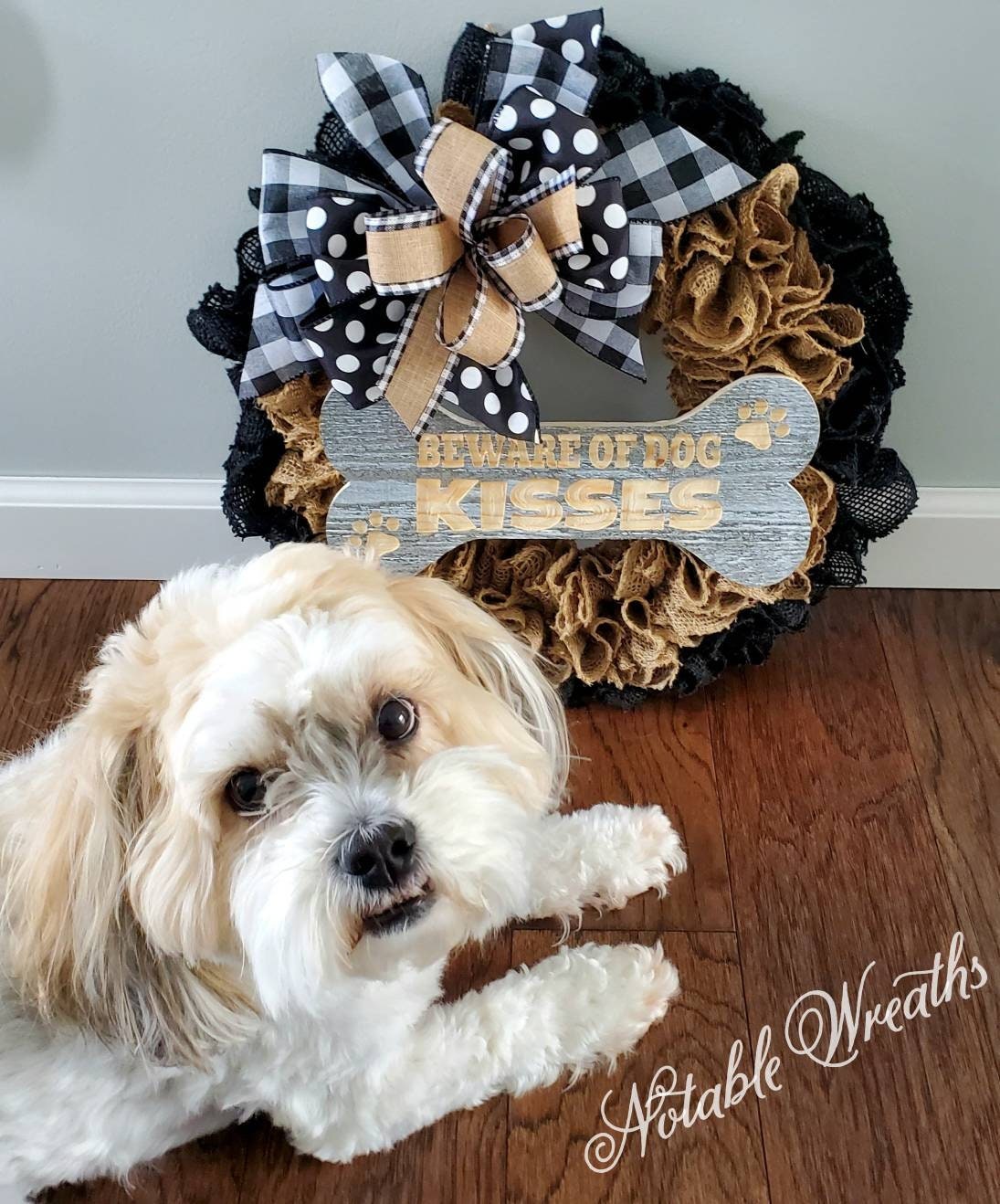 Beware of dog kisses wreath, year round wreath for front door, gifts for dog lovers, housewarming gifts, dog wreath