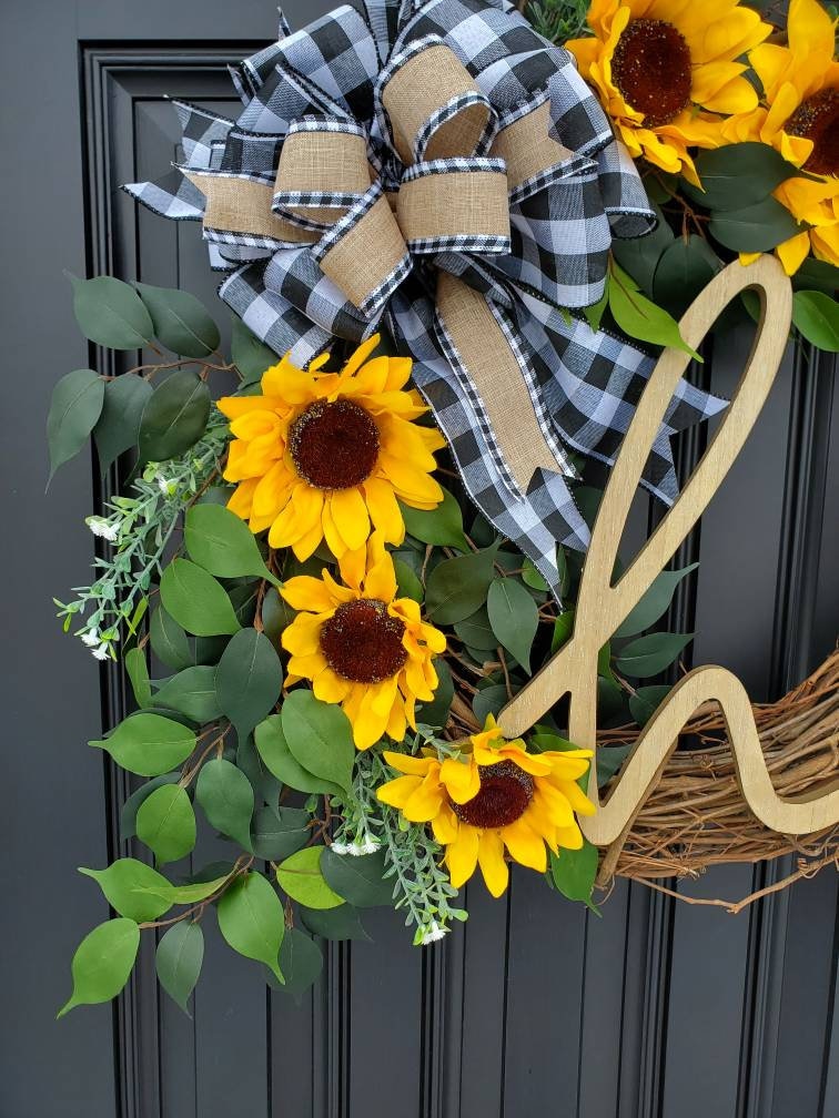 Summer Sunflower wreath for front door,  year round wreath, buffalo check wreath, Summer grapevine wreath, Fall grapevine wreath