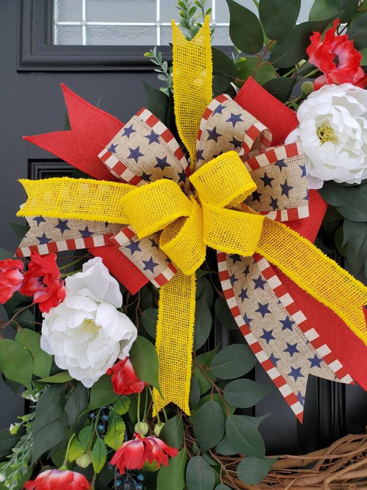 Deployment wreath, Deployment ribbon, patriotic wreath, red poppy wreath, memorial day wreath yellow support our troops bow, deployment gift