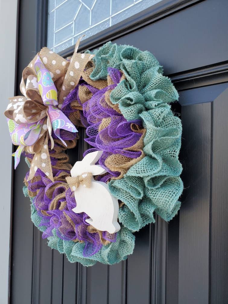 Easter wreath for front door, bunny burlap wreath, purple deco mesh easter wreath, teal wreath, spring burlap wreath