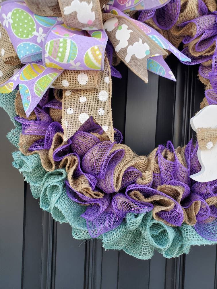 Easter wreath for front door, bunny burlap wreath, purple deco mesh easter wreath, teal wreath, spring burlap wreath