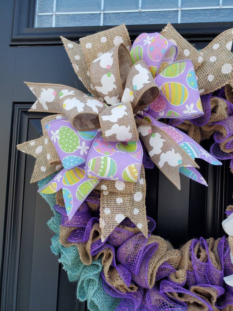 Easter wreath for front door, bunny burlap wreath, purple deco mesh easter wreath, teal wreath, spring burlap wreath