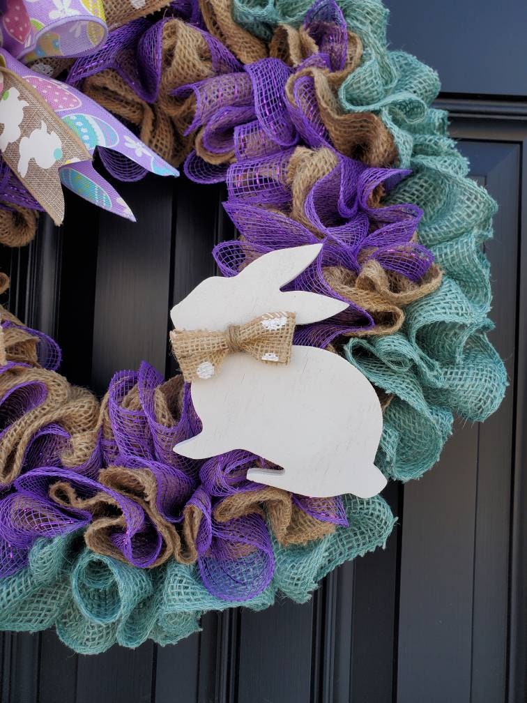 Easter wreath for front door, bunny burlap wreath, purple deco mesh easter wreath, teal wreath, spring burlap wreath