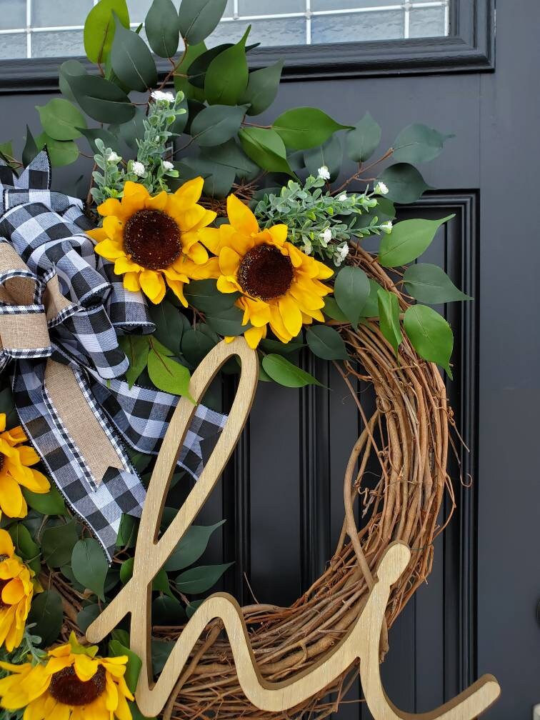 Summer Sunflower wreath for front door,  year round wreath, buffalo check wreath, Summer grapevine wreath, Fall grapevine wreath