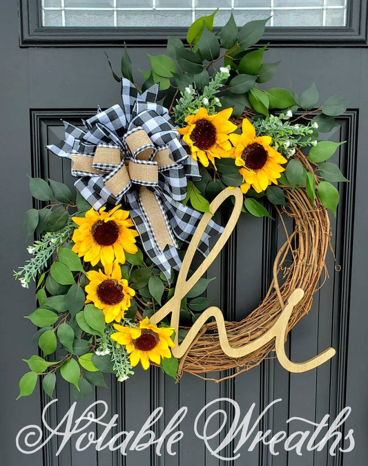 Summer Sunflower wreath for front door,  year round wreath, buffalo check wreath, Summer grapevine wreath, Fall grapevine wreath