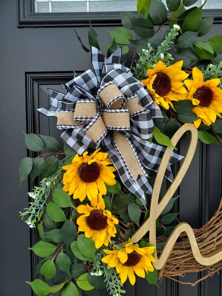 Summer Sunflower wreath for front door,  year round wreath, buffalo check wreath, Summer grapevine wreath, Fall grapevine wreath