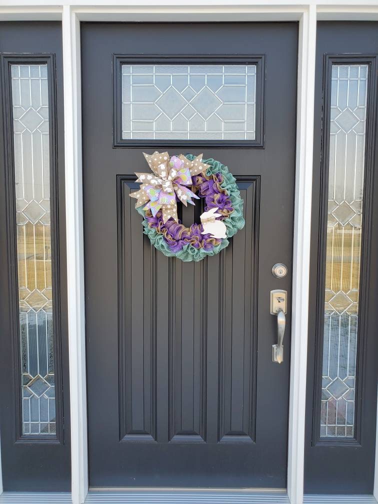 Easter wreath for front door, bunny burlap wreath, purple deco mesh easter wreath, teal wreath, spring burlap wreath