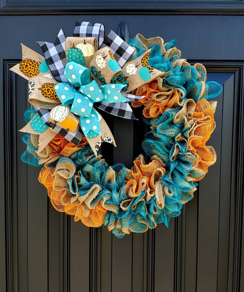 Teal Fall pumpkin wreath for front door, Cheetah print wreath, teal pumpkin wreath, buffalo check wreath, Fall decor, orange and teal