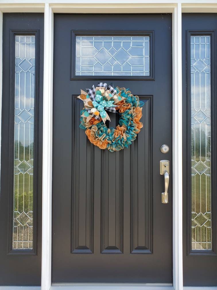 Teal Fall pumpkin wreath for front door, Cheetah print wreath, teal pumpkin wreath, buffalo check wreath, Fall decor, orange and teal